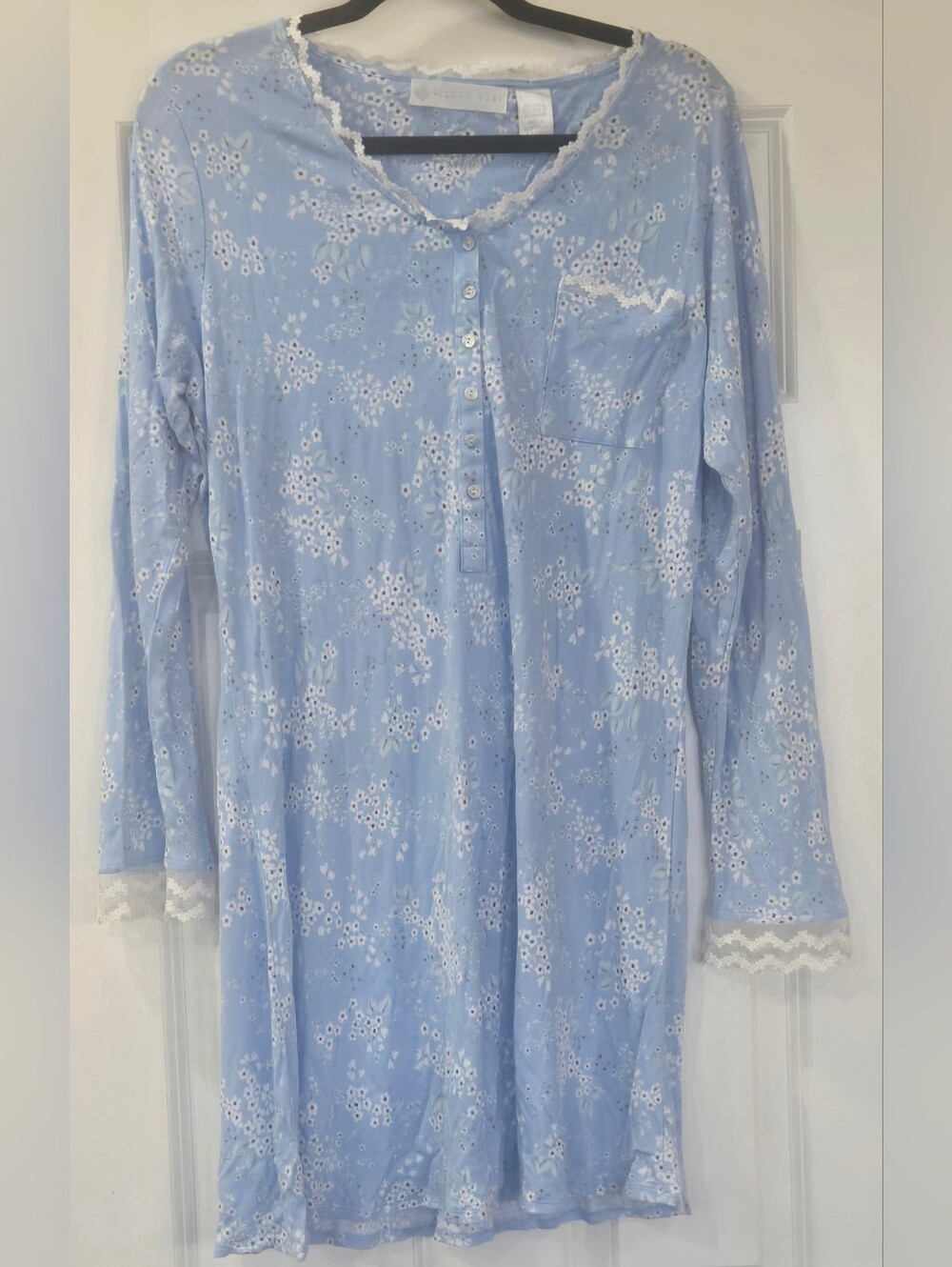 Eileen West Light Blue Floral Lace-Trim Nightgown